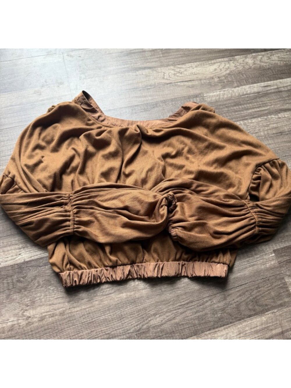 Brown Long-Sleeve Cropped Top By FP Movement With Ruched Sleeves & Button Detail - Picture 5 of 7